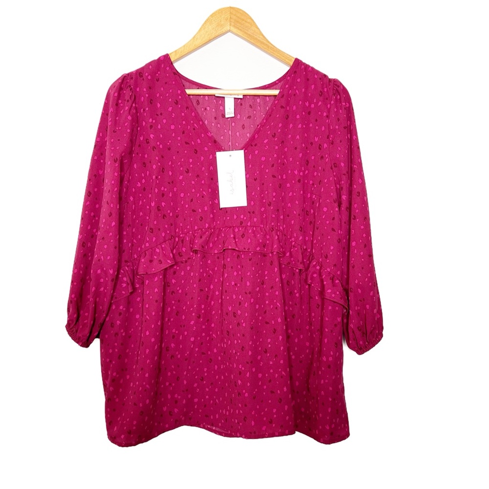 NWT Isabel Pink Polka Dot Print Ruffle V Neck 3/4 Sleeve Tunic Blouse‎ Women's